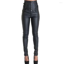 Women's Pants Women High Waisted Faux Leather PU Leggings Single-Breasted Matte Skinny Black Sexy Pencil Bandage Gothic