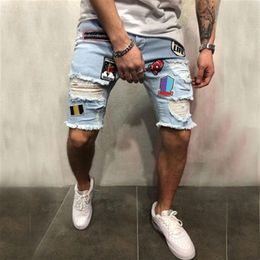 Personality Men's Fashion Embroidery Hole Patch Patch Pants Stretch Denim Shorts Male Simple Fashion Jeans282g