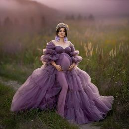 Purple Sweetheart Maternity Photoshoot Dress Empire Waist Long Sleeve Prom Gown with Lining Baby Shower Dresses