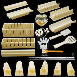 Sushi Tools 11Pcs Set Heart Round Square Rice Mold Japanese Ball Cake Mould Maker Brush 50Pcs Gloves Chopsticks 230919