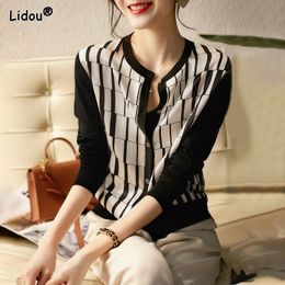 Women's Knits Tees s Black White Lattice ONeck Spliced Cardigan Ice Silk Knitting Single Breasted Clothing Office Lady Plaid Slim 230918