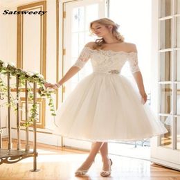 Elegant Lace Organza Off the Shoulder Boat Neckline Half Sleeve Tea Length Vintage Wedding Dress Vestido De Noiva 2023240B