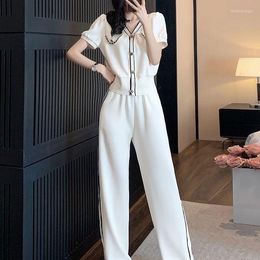 Women's Two Piece Pants Pant Sets Tracksuit Women 2 Set V Neck Short Sleeved Cardigan Knitted White Sweatshirts Jacket Suit Femme Loose