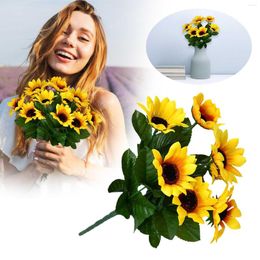 Decorative Flowers Fall Fabric Garland Floral Stems Artificial Sunflowers Bouquet With Leaves Silk For Home Office Parties And