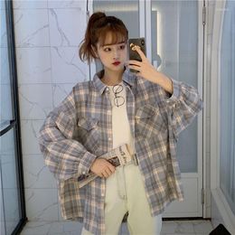 Women's Blouses Korean Autumn Plaid Shirt Women Loose Causal Lady Jacket Turn Down Collar Long Sleeves Ladies Tops All Match Camisas Mujer