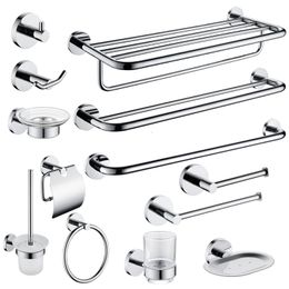 Bath Accessory Set Wall Mounted Chrome Polished Bathroom Storage Rack Toilet Paper Holder Towel Bar Shelf Liquid Soap Holder Toilet Accessories 230919