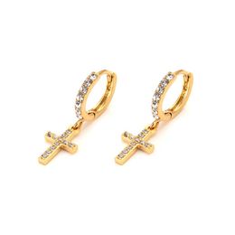 Solid Gold GF Fine Charm många CZ Inlay Cross Earrings for Women Girl Special Design Christian Party Jewelry God Bless Women230V