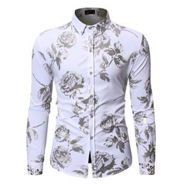 White Rose Floral Shirt Men Chemise Homme 2020 Fashion Slim Fit Long Sleeve Mens Dress Shirts Party Business Casual Men Shirt205A