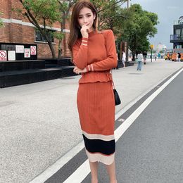 Work Dresses Knitted Fashion Drawstring Ruched Sweaters Tops Striped Elastic Waist Slim Knit Skirts Women Autumn Winter High Street Suits