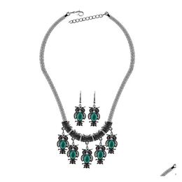 Earrings Necklace Fashion Ladies Jewelry Sets Vintage Owl Turquoise Statement Necklaces Set For Women Wholesale On Sale Drop Delivery Dhu1G