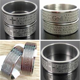 Bulk lots 100pcs lot Etched Serenity Prayer Bible Stainless Steel Rings Width 8mm Sizes 17-22mm Religious Jewellery Mix CROSS & With240G