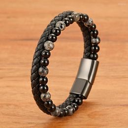 Strand European And American Retro Style Black Flash Stone Volcanic Rock Paired With Genuine Leather Rope Men's Bracelet