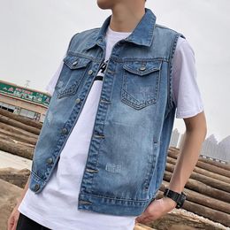 Men's Vests Men Lapel Sleeveless Denim Jacket Ripped Holes Pockets Single Breasted Washed Loose Fit Casual Waistcoat 230919