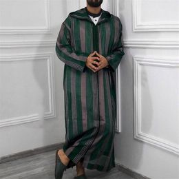 Ethnic Clothing Muslim Men Jubba Thobe Long Sleeve Striped Hooded Breathable Robes 2022 Robe Loose Dubai Saudi Arab Kaftan Clothes285y