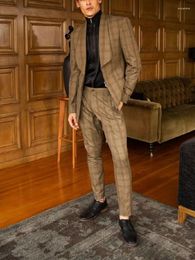 Men's Suits Brown Tailored 2 Pieces Blazer Pants One Button Wide Lapel Tuxedo Stripes Slim Fit Wedding Groom Plus Size