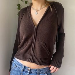 Women's Knits Tees s Vintage Brown Y2K Hooded Sweater Autumn Winter Lantern Sleeve Zip Up Jacket Cardigan Knitted Hoodies Cropped 230918