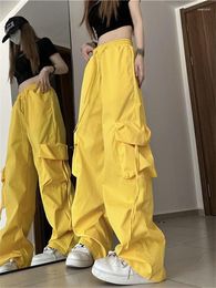 Women's Pants Deeptown Korean Style Yellow Cargo Woman Y2K American Retro Pink Parachute Trousers Oversize Streetwear Hip Hop Sweatpants