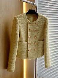 Women's Wool Blends Autumn Winter Brand Luxury Tweed Short Jacket Coat Women Elegant French Golden Double Breasted Woollen Suit Casaco Outwear 230918
