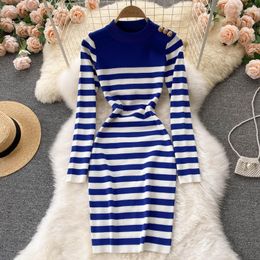 Casual Dresses Striped Sweater Dress Women Winter Clothing 2023 Crew Neck Long Sleeve Button Embellishment Mini Knitted Bodycon