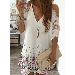 Casual Dresses Summer Floral Print Women Dress Zipper Short Sleeve Sexy V Neck Elegant Vintage Loose Hollow Out Ladies