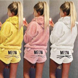 Women Sleepwear MEOW Cat Print Pullover Hooded Long Sleeve Tops Shorts Pyjama Sets Sleep Top Bottoms255N