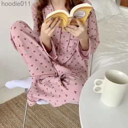 Women's Sleepwear Cotton Sleepwear Korean Pyjamas Women Autumn Cute Heart Print Pyjamas Long Sleeve Pijama Female Set Negligee Cardigan Suit L230919