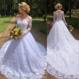 New Arabic Luxury A Line Wedding Dresses Sheer Neck Lace Appliques Crystal Beads Long Sleeves Zipper Back Court Train Plus Size Br271M