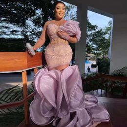 Gorgeous Lilac Mermaid Prom Dresses With Ruched Skirt Glitter Lace Beads Organza African Evening Party Dress Aso Ebi Formal Gown 322