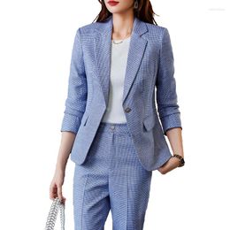 Women's Two Piece Pants Elegant Ladies Pant Suit Women Formal Jacket Blazer And Trouser Green Pink Blue Solid Female Business Work Wear 2