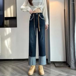 Women's Jeans 2023 Straight Women Curling Contrast Colour Spring Autumn High Waist Slim Denim Pants Loose Wide Leg Trousers Ladies