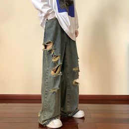 Men's Jeans High Street Distressed Mid Waist Vintage Beggar Made Old Loose And Slim Bf Straight Tube Wide Leg Floor Dragging