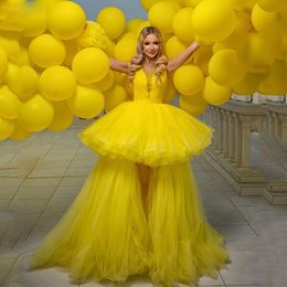 Yellow High Low Ball Prom Dresses Beaded Neck Ruffles Tiere Birthday Gown Front Short Back Long Tail Party Dress 326 326