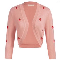 Women's Knits BP Women Vintage Cherries Embroidered Cardigan 3/4 Sleeve Bolero Shrug Open Front Cropped Knitwear Sweater Coat