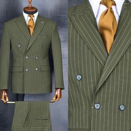 Men's Suits Green Tailor-Made 2 Pieces Blazer Pants Double Breasted Business Pinstripes BusinessWedding Groom Tailored Plus Size