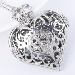 Pocket Watches 100pcs/lot Fashion Silver Heart Shaped Flip Quartz Necklace Women Men Gift Wholesale