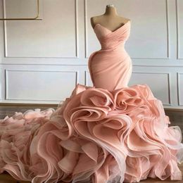 Blush Pink Mermaid Wedding Dresses Luxury Ruffles V Neck Sleevelss Pleats Ruched Custom Made Chapel Bridal Gown vestido de novia262V