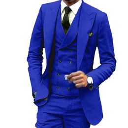 Custom Design Royal Blue 3 Piece Suit Men Wedding Tuxedos Excellent Groom Tuxedos Men Business Dinner Prom BlazerJacket Pants Tie307w