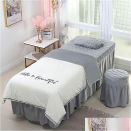 Bedding Sets 4Pcs Beautif Beauty Salon Mas Spa Use Coral Veet Embroidery Duvet Er Bed Skirt Quilt Sheet Custom S Drop Delivery Home Ga Dhc25