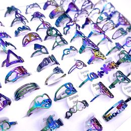 Whole 100pcs Lot Mens Womens Stainless Steel Band Rings Multicolor Laser Cut Patterns Hollow Carved Flowers Mix Styles Fashion270L