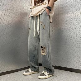 Mens Jeans High Street Ripped Male Hiphop Wideleg Pants Autumn Thin Section Straight Loose Casual Old Denim Trousers C68 230915