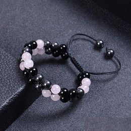 Chain 6Mm 8Mm Rose Quartz Hematite Obsidian Double Layer Braided Bracelet Natural Stone Crystal Couple Adjustable Bracelets Bangle Cuf Dhtz5