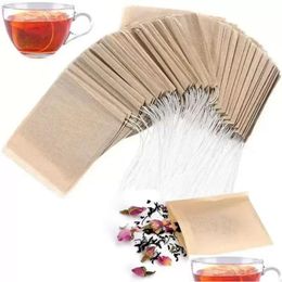 Coffee Tea Tools Filter Bag Strainers Natural Unbleached Wood Pp Paper Disposable Infuser Empty Bags With Dstring Pouch 100 Pcs/Lo Dhm0F