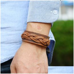 Bangle Weave Ethnic Braid Leather Cuff Button Adjustable Bracelet Wristand For Men Women Fashion Jewellery Drop Delivery Bracelets Dhtv4