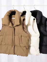 Women's Vests 2023 Autumn Down Cotton Vest Stand Collar Waistcoat Khaki Padded Jacket Sleeveless Warm Streetwear Pockets Coat