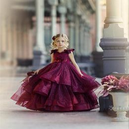 2020 Burgundy Flower Girl Dresses for Wedding Lace Beads 3D Floral Appliqued Little Girls Pageant Dresses Party Gowns Princess Wea3308