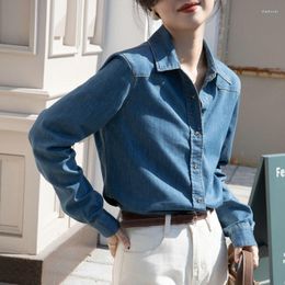 Women's Blouses Fall Retro Denim Shirts Regular Shoulder Patchwork Blue Autumn Girls Shirt Fashion All Match Soft Ladies Tops