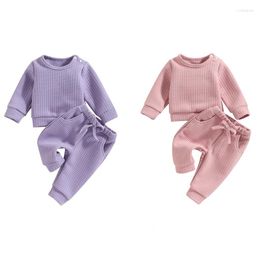 Clothing Sets Baby Infant Girl Clothes 2Pcs Set Solid Colour Long Sleeve Crew Neck Waffle Tops And Drawstring Elastic Waist Pants Outfits