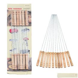 Bbq Tools Accessories 12Pcs/Set Kabob Skewers Wooden Handle Stainless Steel Skewer Barbecue Grilling Reusable Marshmallow Roasting Sti Dhut6