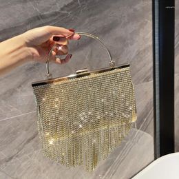 Evening Bags Gold Colour Rhinestones Tassel Chain Women's Handbags Metal Handle Wedding Party Clutches Bag Socialite Banquet