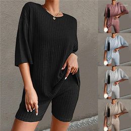 Women's Sleepwear Women Knitted Short Sleeve Outfits O-Neck Threaded Sweatshirt Casual Sports Set Ladies T Shirt Shorts Pyjamas Homewear